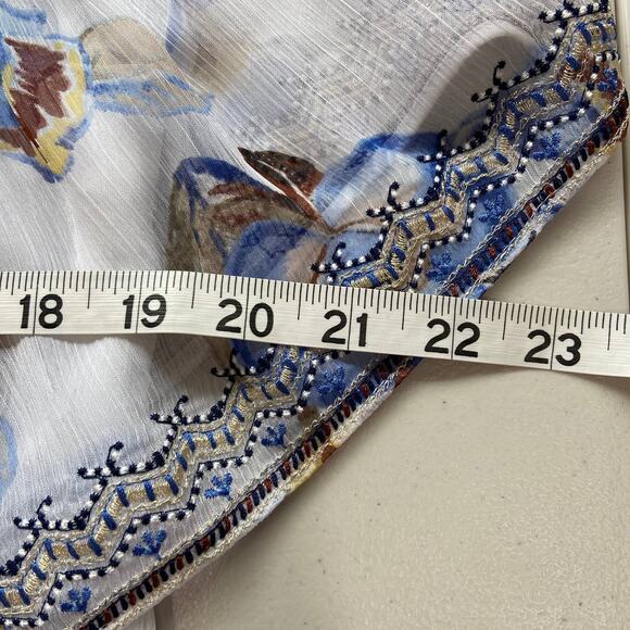 WHITE HOUSE BLACK MARKET White Blue Floral Off-Shoulder Beaded Boho Top Size XXS - Picture 15 of 16